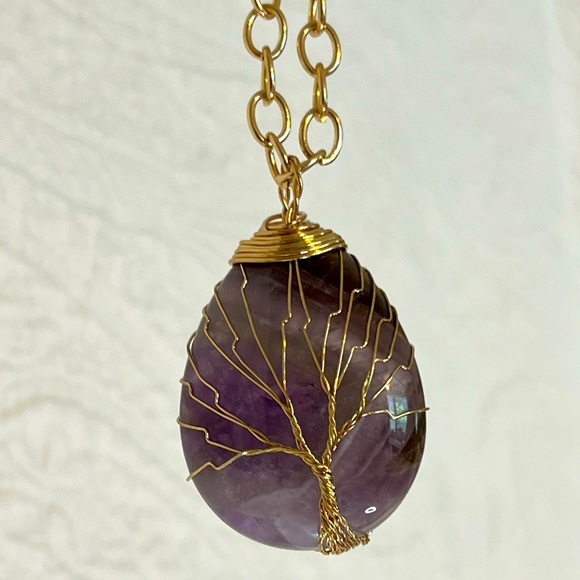 Amethyst Tree of Life Drop Pendant with 24” Chain - Picture 3 of 7